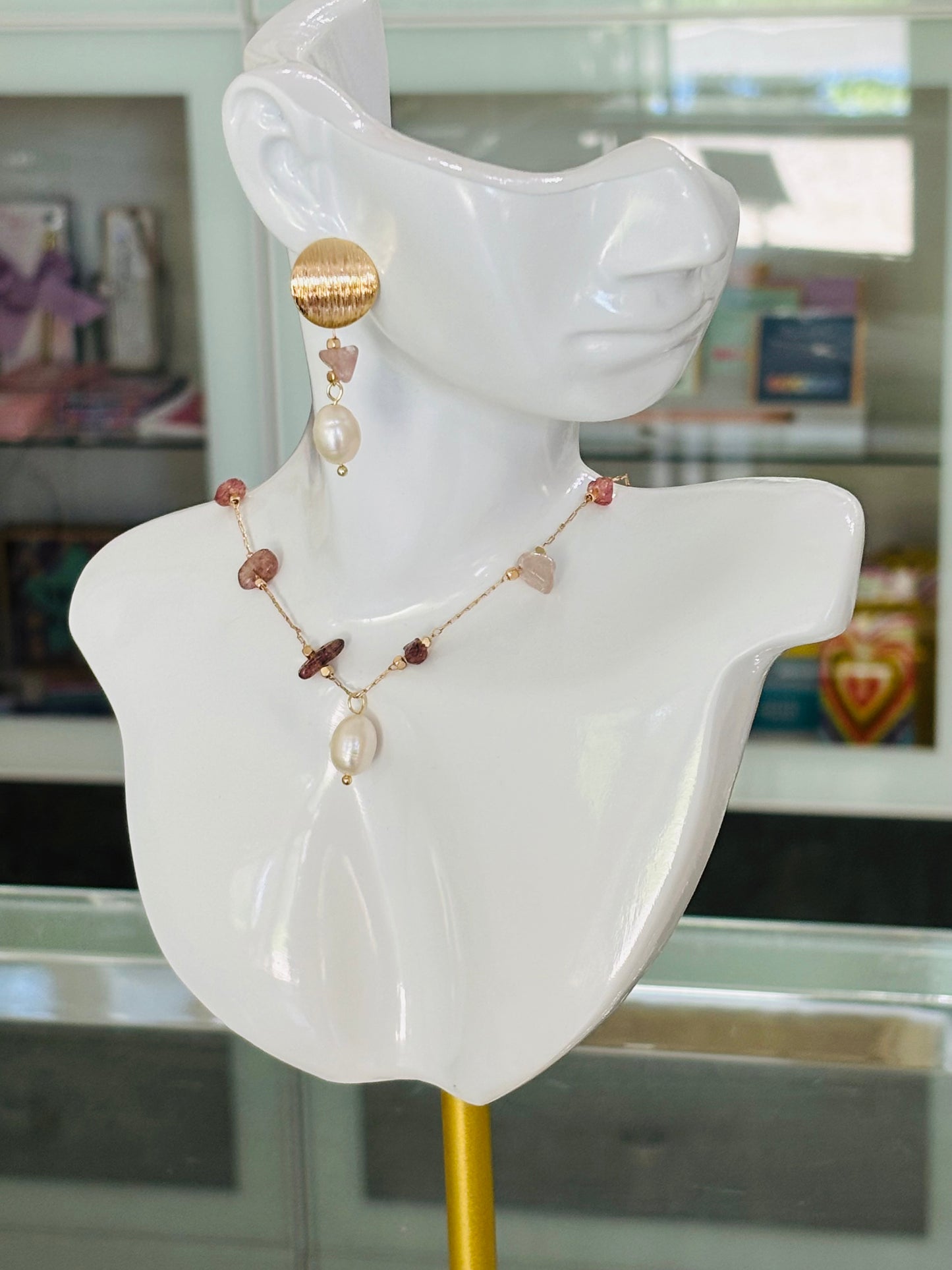 MERAKI DESIGNS-Rose Gemstone and Freshwater Pearl Jewelry Set