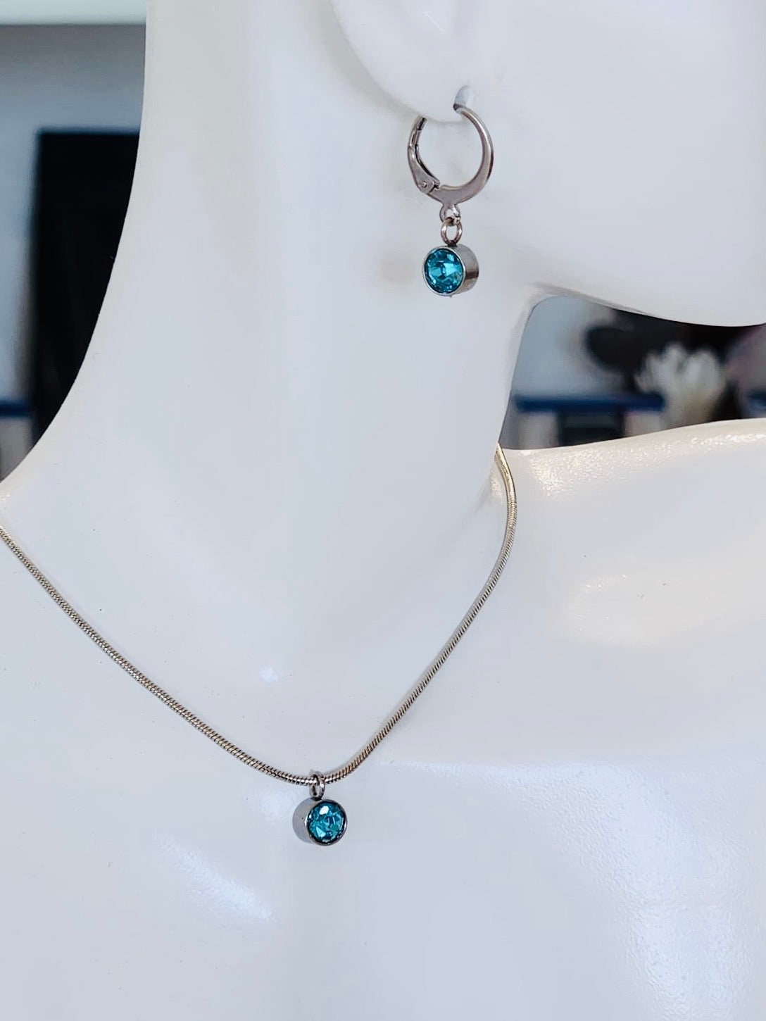 Meraki Designs: Stainless Steel Necklace & Earrings Set – Aqua Zirconia