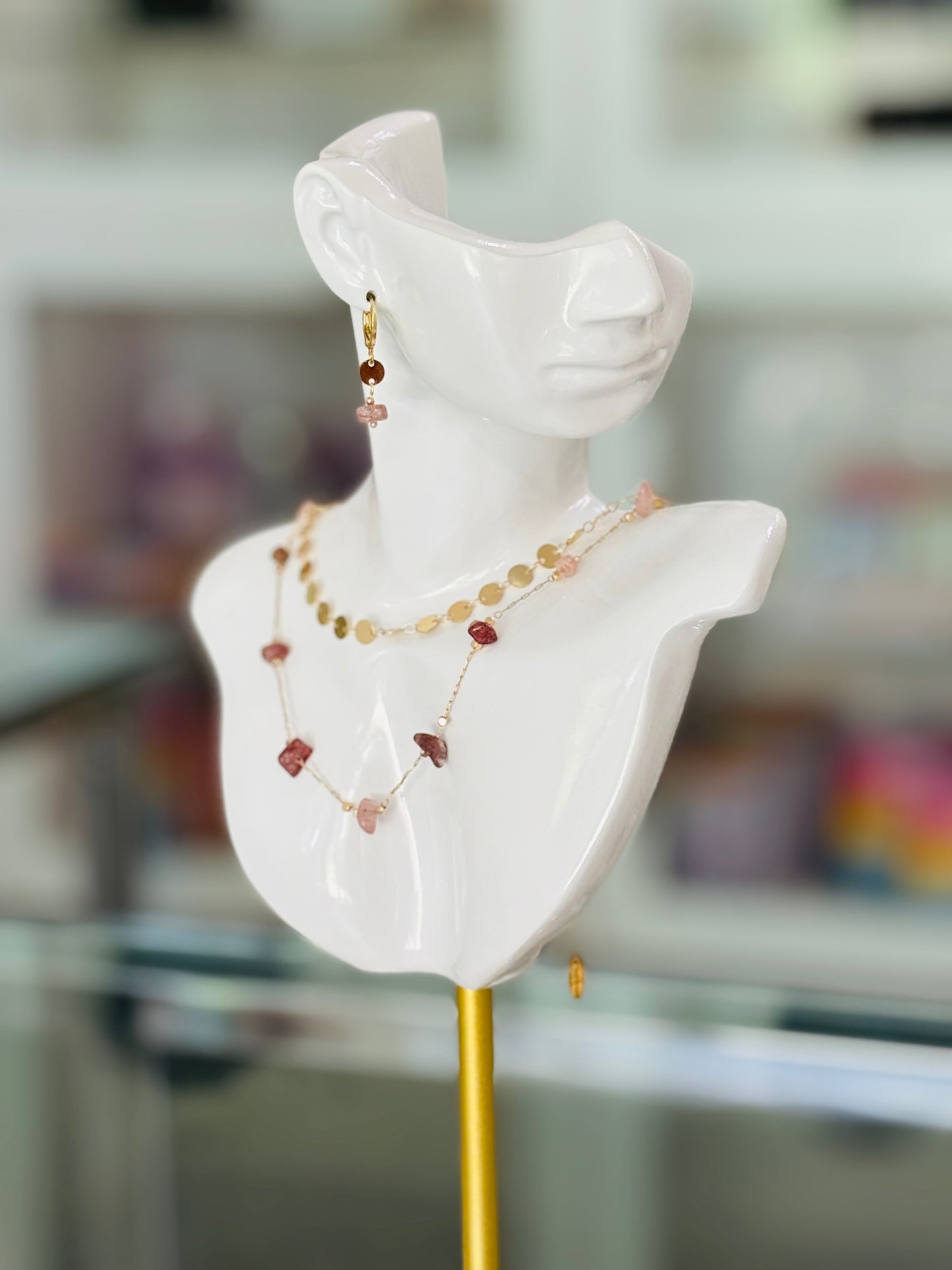 MERAKI DESIGNS-Pink Bead and Gold Sequin Layered Necklace Set with Matching Earrings