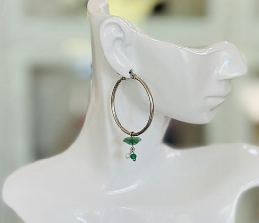 MERAKI DESIGNS: Elegant Hoop Earrings with Pearl & Green Gem Charms