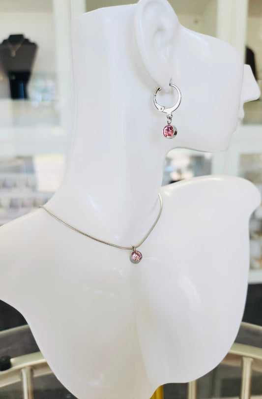 Meraki Designs: Stainless Steel Necklace & Earrings Set – Pink Zirconia