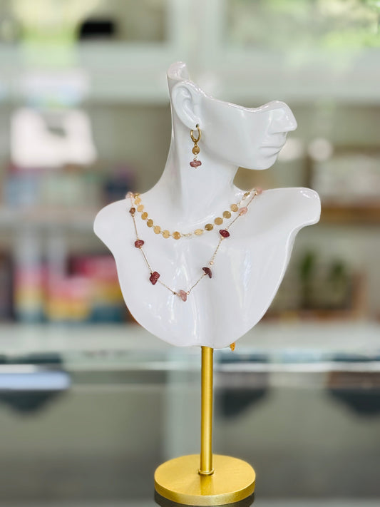 MERAKI DESIGNS-Pink Bead and Gold Sequin Layered Necklace Set with Matching Earrings