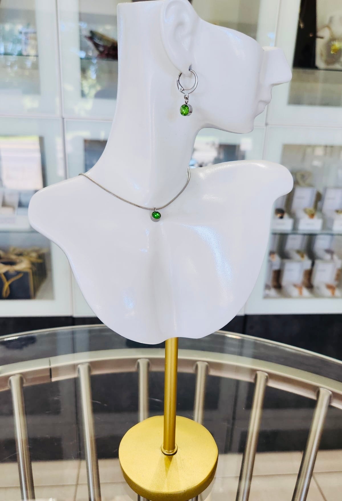 Meraki Designs: Stainless Steel Necklace & Earrings Set – Green Zirconia
