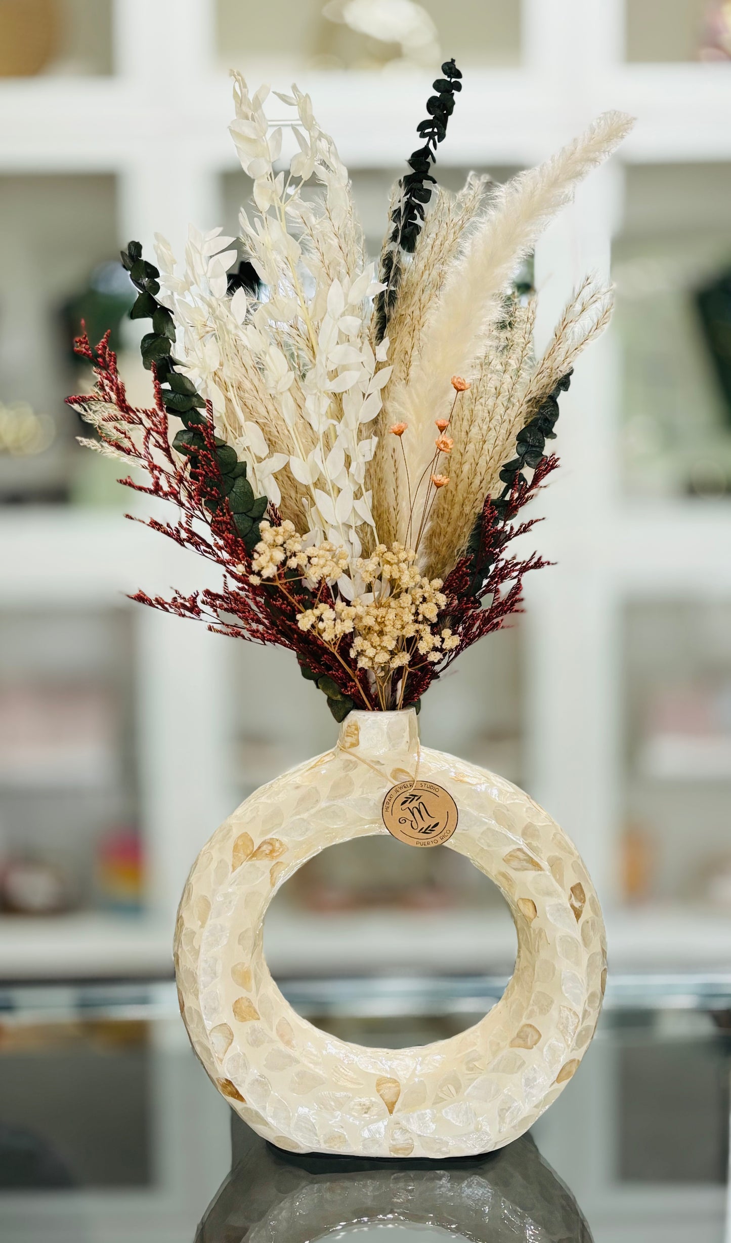 Natural floral arrangement featuring Pampas, White and Green Eucalyptus and dried flowers (Large)