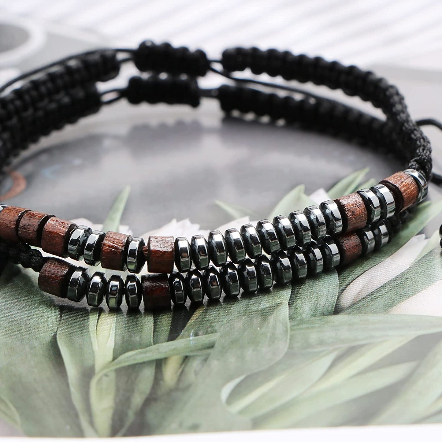 Unisex Wood & Hematite Morse Code Bracelets