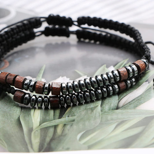 Unisex Wood & Hematite Morse Code Bracelets